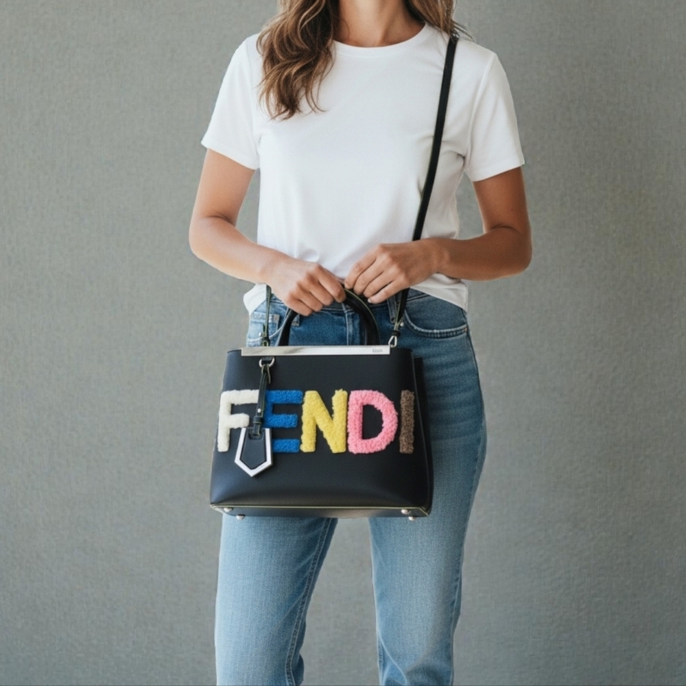 Fendi 2Jours Black Leather Tote Crossbody Bag Multicolor Shearling Logo - Picture 2 of 16